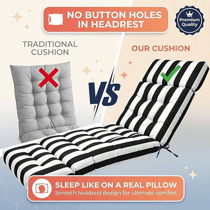 MAGIC ELEPHANT Chaise Lounge Cushion Outdoor, Memory Foam Patio Lounge Chair Cushion with Ties for Indoor Outdoor Furniture, Water-Repellent Replacement Long Chair Cushion (Black Stripe)
