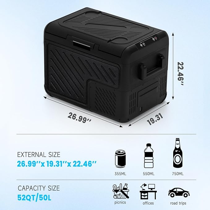AS 53QT(50L) Car Refrigerator, 12 Volt Portable Freezer Fridge, Car Compressor Refrigerator with 12/24V DC & 110-240V AC for Truck, RV, Boat, Camping and Travel