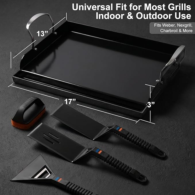 17 x 13 in Cast Iron Griddle for Gas Grill, Nano Ceramic Nonstick Flat Top Grill Plate with 5-Piece Tool Kit, Grease Groove, High Sidewalls, Handles, for Charcoal, Stove Top, Camping