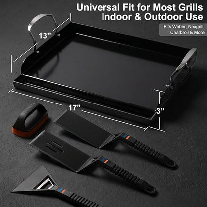 17 x 13 in Cast Iron Griddle for Gas Grill, Nano Ceramic Nonstick Flat Top Grill Plate with 5-Piece Tool Kit, Grease Groove, High Sidewalls, Handles, for Charcoal, Stove Top, Camping