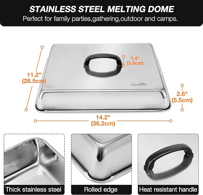 Stanbroil Melting Dome & Grill Press Kit Stainless Steel Basting Cover | Cheese Melting Dome with Cast Iron Burger Bacon Press for Flat Top Griddle Grill Indoor/Outdoor