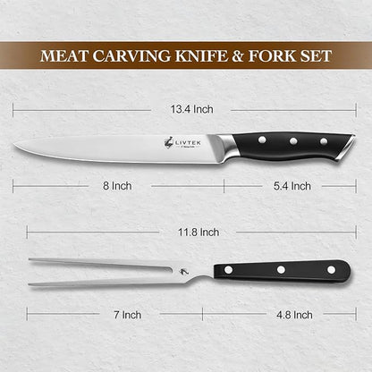 Livtek Carving Knife Set - Razor-Sharp German Stainless Steel - Ergonomic Handle & Full Tang Design - for Slicing Roast, Turkey, Ham, BBQ - 8 Inch Knife & 7 Inch Fork - Thanksgiving Gift