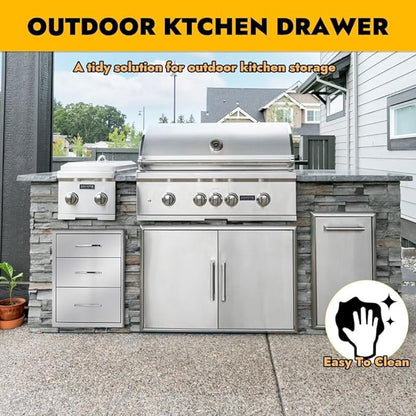 GarveeTech Outdoor Kitchen Drawers, 17x24 in Stainless Steel BBQ Drawer, Flush Mount Built-in 3-Drawer for Outdoor Kitchen Island & BBQ Islands, Silent, Fully Assembled, 17 in W x 18 in D x 24 in H