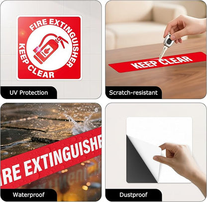 2 Pack Fire Extinguisher Signs Self Adhesive Keep Clear Do Not Block Floor Sign with Strips Waterproof Vinyl Fire Extinguisher Floor Marking Kits for Business Warehouse Office Red
