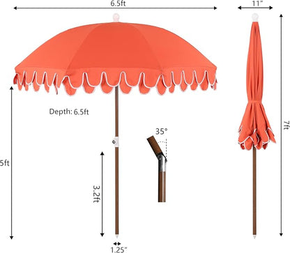 JONATHAN Y Horizon 6.5 ft. Scalloped Fringe Beach Umbrella, Coral Red | UV 50 Sun Protection, Push Button Tilt, Matching Carry Bag, Brown Wood Finish Pole, Wind Vent, 8 Fiberglass Ribs, Pointed End
