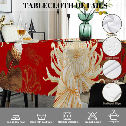 Swono Japanese Flower Table Cover Retro Blossom Chrysanthemum 50x72 Inch Table Cloth for Rectangle Tables Buffet Parties Coffee BBQ and Dinning Tablecloth, Golden Red