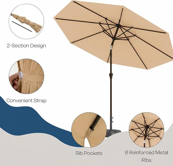 10FT Outdoor Patio Umbrella, 2 Tiers Market Table Umbrella with 8 Sturdy Ribs, Push Button Tilt and Crank, UPF50+ UV Protection for Deck, Pool, Garden and Backyard
