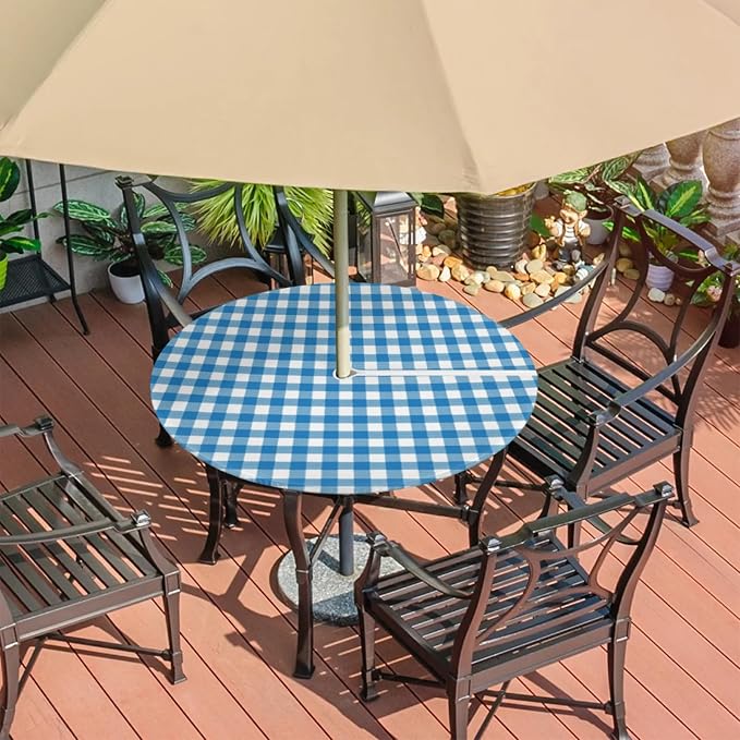 Fitted Round Tablecloth with Umbrella Hole and Zipper Buffalo Plaid Outdoor Elastic Table Cloth 36"-44" Oil-Proof Waterproof Moroccan Patio Table Cover for Dining Picnic Party, Blue and White