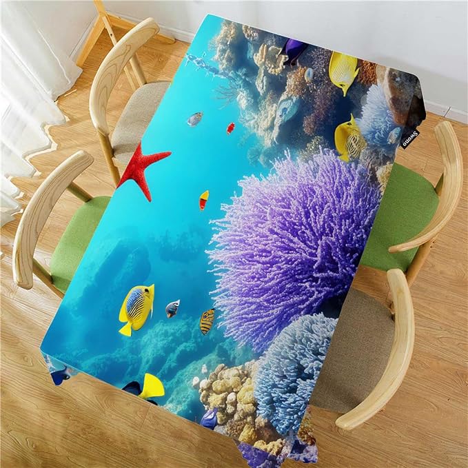 Swono Underwater World Tablecloths Tropical Coral Reefs Jellyfish Kitchen Dinning Tabletop Decoration, Polyester Table Cover for Indoor Outdoor 50x72 Inch Tablecloth