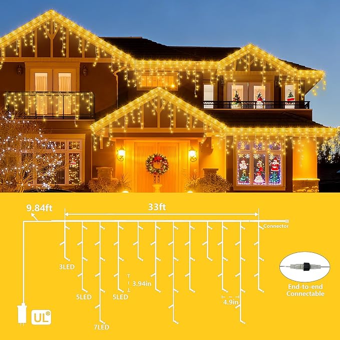 YEGUO 33ft 400 LED Icicle Lights Outdoor, 80 Drops Icicle Christmas Light Connectable, 8 Modes Warm White Xmas Icicle Lights with Timer Indoor