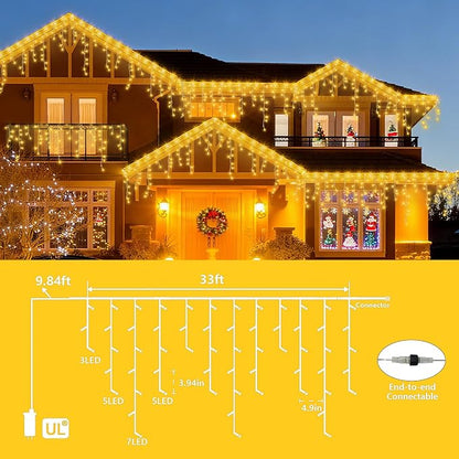 YEGUO 33ft 400 LED Icicle Lights Outdoor, 80 Drops Icicle Christmas Light Connectable, 8 Modes Warm White Xmas Icicle Lights with Timer Indoor