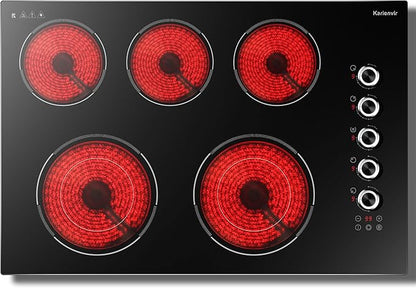 30 Inch Electric Cooktop 5 Burner Karienvir, 8600W Built-in Electric Stove Top, Cooktop 30" with Double-ring Burner, Knob & Touch Control, 9 Power Levels, Timer, Safety Lock, 220V-240V Hard Wire