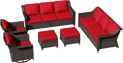 6 Pieces Patio Conversation Furniture Set - 2 Sofas, 2 Swivel Chairs, 2 Ottomans, Outdoor Wicker Furniture with Removable Cushions for Porch, Balcony, Sunroom (Red)