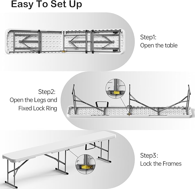 VSOAEIL 6 Foot Folding Bench 2 Pack, Foldable Plastic Bench Indoor Outdoor | 6 Feet Portable Bench Seating with Handle and HDPE Tabletop - Party, Dining, Picnic, Camping, Sports, Temporary Events, White