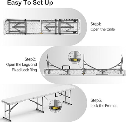 VSOAEIL 6 Foot Folding Bench 2 Pack, Foldable Plastic Bench Indoor Outdoor | 6 Feet Portable Bench Seating with Handle and HDPE Tabletop - Party, Dining, Picnic, Camping, Sports, Temporary Events, White