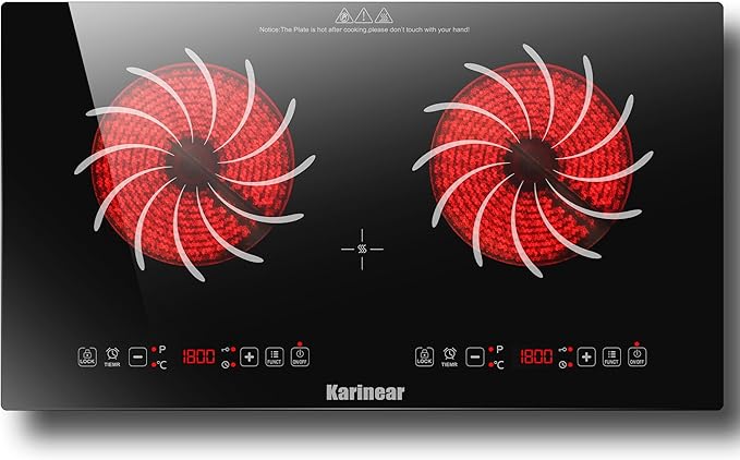 Karinear 2 Burners Electric Cooktop 110v, Portable Electric Stove top 24 Inch Electric Countertop Burner, Radiant Ceramic Cooktop, Sensor Touch, Timer, Safety Lock