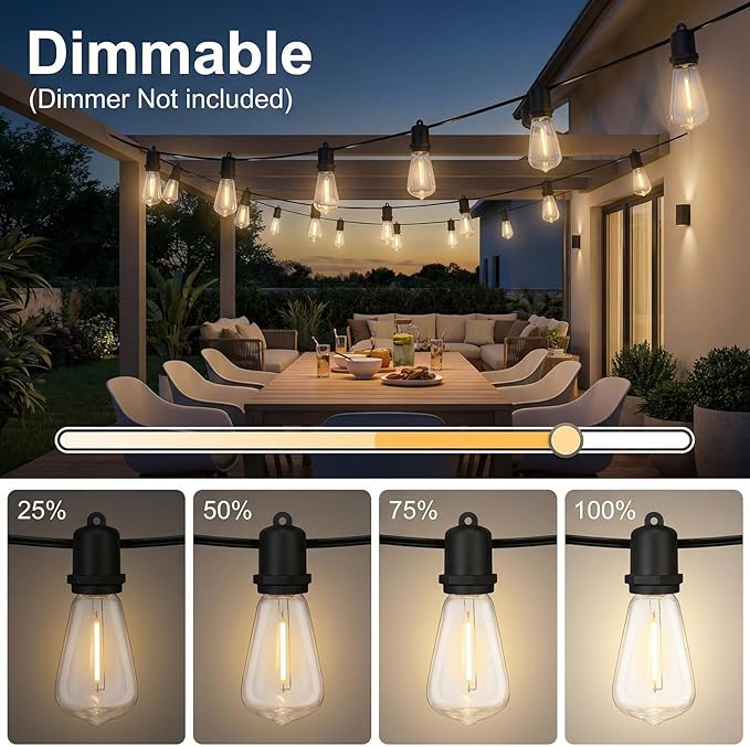 50FT LED Outdoor String Lights - 27 Shatterproof ST38 Edison Bulbs - Waterproof Patio Decor for Outside - Dimmable Bistro Cafe Hanging Lights