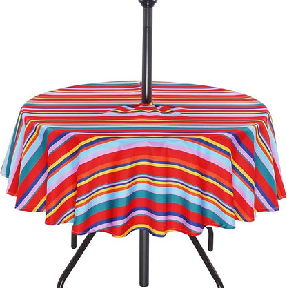 Poise3EHome Round Outdoor Tablecloth with Umbrella Hole and Zipper,Stripe 70 Inch,Polyester SpillProof Washable Table Cloth for Spring Summer Patio Garden Poolside Picnic Camping BBQS