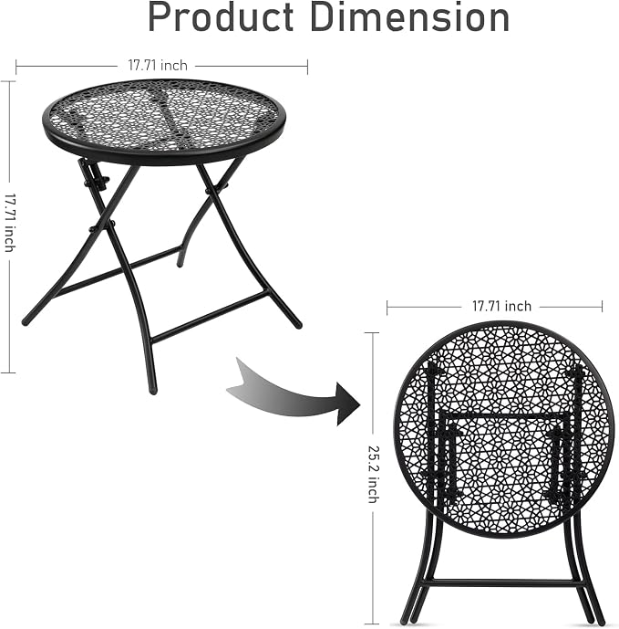 TeoKJ Folding Small Outdoor Side Table, No Assembly Metal Desk, Black x 2 | Metal Round Anti Rust Patio Table, Small Nightstand with Flower Cutouts, for Porch Yard, Balcony, Lawn, Pool, Lightweight