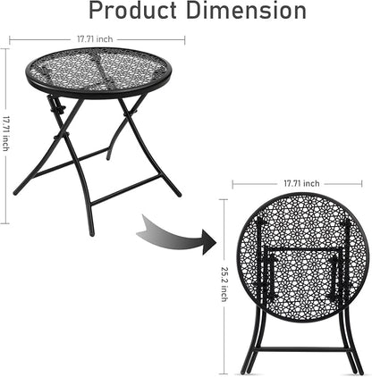 TeoKJ Folding Small Outdoor Side Table, No Assembly Metal Desk, Black x 2 | Metal Round Anti Rust Patio Table, Small Nightstand with Flower Cutouts, for Porch Yard, Balcony, Lawn, Pool, Lightweight
