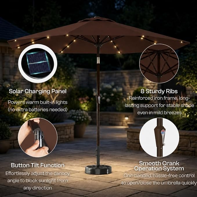 10FT Solar Lighted Patio Umbrella, Outdoor Table Market Umbrellas with Push Button Tilt and Crank, 32 LED Lights, 8 Sturdy Ribs, UV-Resistant for Deck, Garden, Pool