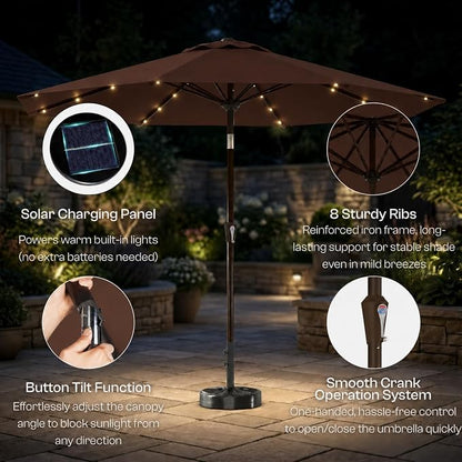 10FT Solar Lighted Patio Umbrella, Outdoor Table Market Umbrellas with Push Button Tilt and Crank, 32 LED Lights, 8 Sturdy Ribs, UV-Resistant for Deck, Garden, Pool