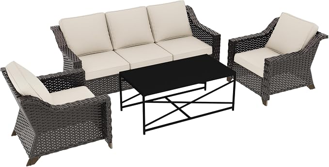 4 Piece Patio Furniture Set, Wicker Outdoor Conversation Set | Patio Chair Set with Olefin Removable Cushion, All-Weather Outdoor Couch with Deep Seat for Porch, Deck and Backyard, Beige