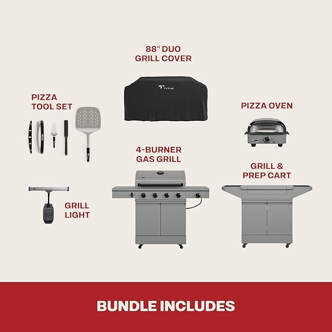 Tytus Anaheim 4-Burner Gas Grill with Prep Cart and Pizza Oven + Cover, Light, Pizza Tool Kit - Modular Outdoor Kitchen, Quick Assembly, Outdoor Cooking, Kitchen Island for BBQ