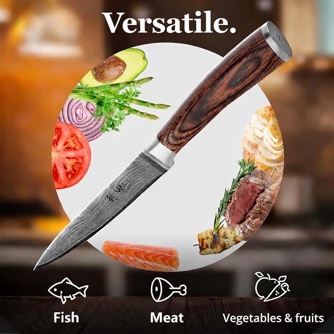Wakoli EDIB Damascus Meat Knife – 7-Inch Japanese-Style Kitchen Knife for Meat, BBQ, and Roasts, 67-Layer Damascus Steel Blade with VG10 Core, Ergonomic Pakkawood Handle – Carving Knife in Gift Box