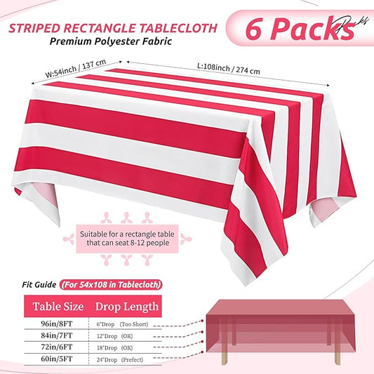 6 Pack Red and White Striped Tablecloth Rectangle 54x108inch Polyester Fabric Washable Table Cloth for Afternoon Tea Table Birthday Party Picnic Barbecue Gathering Indoor Outdoor Dining Decor