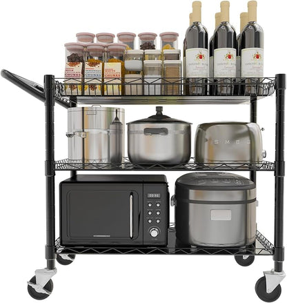 YNN Black Utility Rolling Cart,990Lbs 3 Tier Heavy Duty Metal Cart with Wheels & Handle NSF Wheeled Cart 31" D x 18" W x 33" H for Bedroom, Bathroom, Kitchen,Garden,Decor,Serving