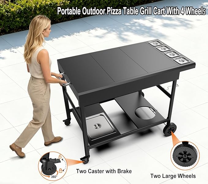 Pizza Oven Table with Topping Station, Outdoor Pizza Oven Cart, Grill Cart for Ninja, Cuisinart, Gozney, Movable BBQ Prep Table Station with Seasoning Tray for Patio, Kitchen, Backyard