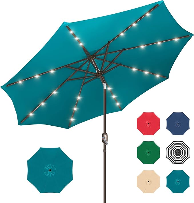 9ft Patio Umbrella with Solar Lights, Outdoor Umbrella with 24 LED Solar Umbrella Lights, Solar Patio Umbrella with Push Botton Tilt & Crank Ideal for Garden, Deck, Backyard & Pool, Teal Green