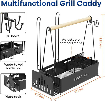 JBBTOOL Grill Caddy with 2 Paper Towel Holders, BBQ Caddy for Outdoor Grill, Picnic Condiment Utensil Caddy, Camping Essentials, RV, Tailgating, Grilling Accessories, Camping Kitchen, Gifts for Men