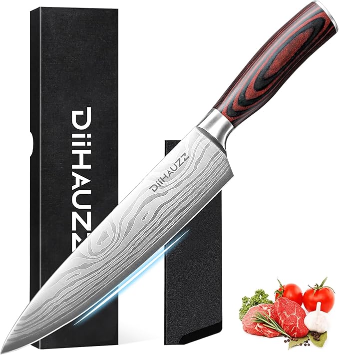 DiiHAUZZ 8 Inch Chef Knife, High Carbon Stainless Steel - Ultra Sharp Kitchen Gyutou Knife for Slicing Meat, Dicing Vegetables and Daily Meal Prep, Ergonomic Handle with Sheath, Fathers Day Gift