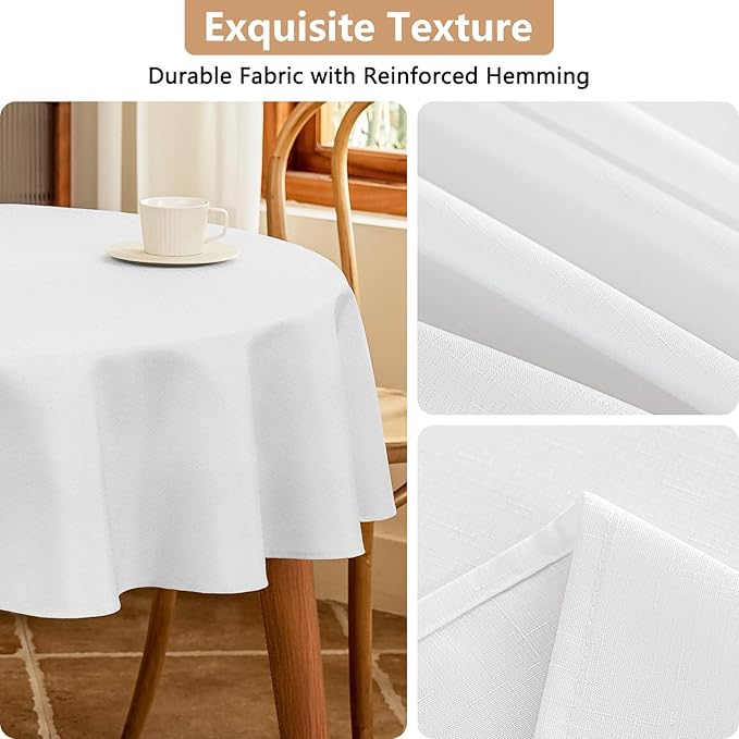 Seenus 60 Inch White Round Tablecloth Fits 30'' to 48'' Dining Table, Water Resistant & Wipeable Textured Table Cloth for 2-4 Seats Kitchen or Patio Circle Table