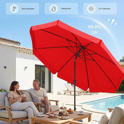 ABCCANOPY 10ft Scalloped Patio Umbrella, Outdoor Table Umbrella with Tilt and Crank, Fiberglass Ribs Deck Umbrella for Patio, Pool, Garden, Picnic (Red)