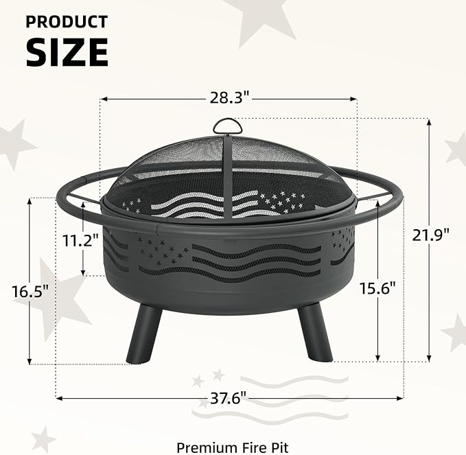 Breezz 38 Inch American Flag Fire Pit with Mesh Cover & Poker, Round Metal Wood Burning Outdoor Firepit for Patio, Garden, Backyard, Bonfire, Ideal for 4th of July, Memorial Day, Christmas
