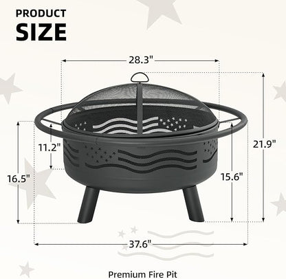 Breezz 38 Inch American Flag Fire Pit with Mesh Cover & Poker, Round Metal Wood Burning Outdoor Firepit for Patio, Garden, Backyard, Bonfire, Ideal for 4th of July, Memorial Day, Christmas