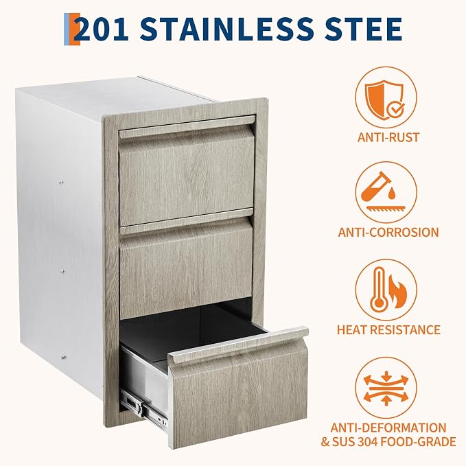 PeakPursuit Stainless Steel Outdoor Kitchen Triple Drawers - Heavy Duty with Handles, Weather-Resistant Flush Mount for BBQ Island, Patio Grill, 14.7" W x 18.5" D x 24.5" H