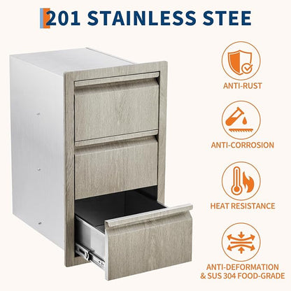 PeakPursuit Stainless Steel Outdoor Kitchen Triple Drawers - Heavy Duty with Handles, Weather-Resistant Flush Mount for BBQ Island, Patio Grill, 14.7" W x 18.5" D x 24.5" H