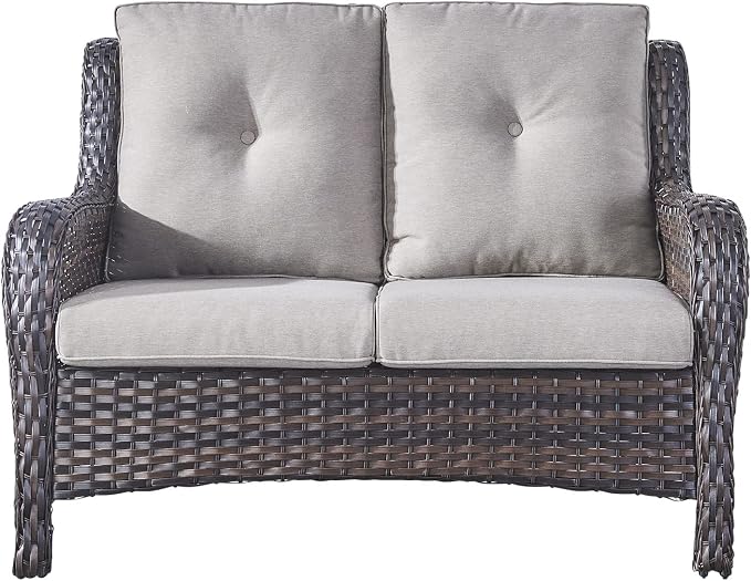 Rilyson Luxury Patio Outdoor Wicker Loveseat, 500 Lbs Weight Capacity Rattan Outdoor 2 seat Sofa Wicker with Deep Seating and Replaceable Cushions for Outside Porch Deck Balcony (Brown/Grey)