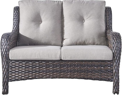 Rilyson Luxury Patio Outdoor Wicker Loveseat, 500 Lbs Weight Capacity Rattan Outdoor 2 seat Sofa Wicker with Deep Seating and Replaceable Cushions for Outside Porch Deck Balcony (Brown/Grey)
