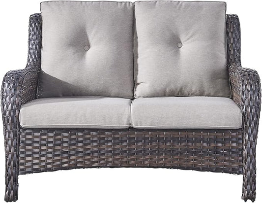 Rilyson Luxury Patio Outdoor Wicker Loveseat, 500 Lbs Weight Capacity Rattan Outdoor 2 seat Sofa Wicker with Deep Seating and Replaceable Cushions for Outside Porch Deck Balcony (Brown/Grey)