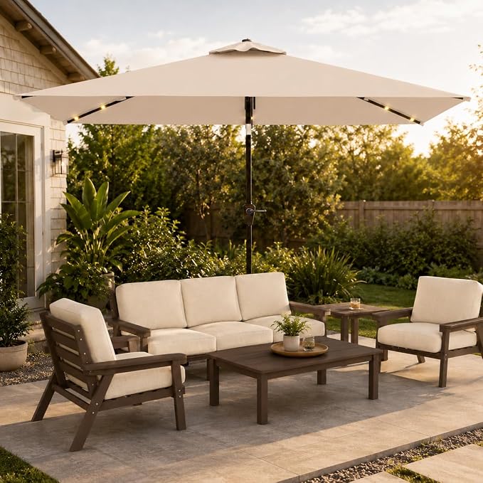 6.5 x 10ft Rectangular Patio Umbrella with Solar Lights, 16 LED Lighted Market Umbrella with Push-Button Tilt and Crank, 6 Sturdy Iron Ribs for Garden, Deck, Pool, Beige