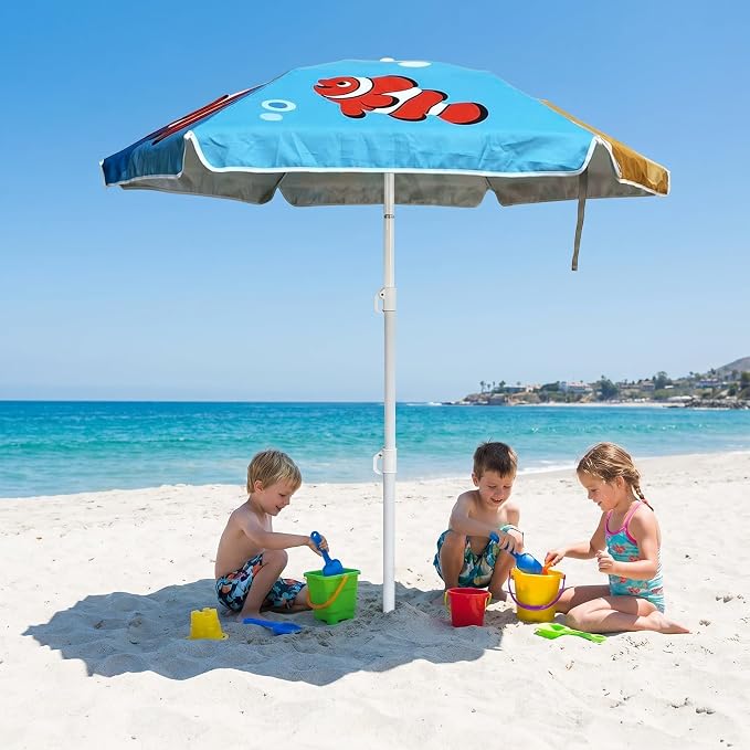LOTTAFUN Kid 5ft Beach Umbrella Diameter 0.99-1.2 inches Pole UV 50+ Portable Sun Shade with Sand Anchor & Carry Bag, Outdoor Folding Umbrella for Beach,Pool,Patio,Garden (Fish) NO Tilt The sand needs to be over 5 inches above the bottom