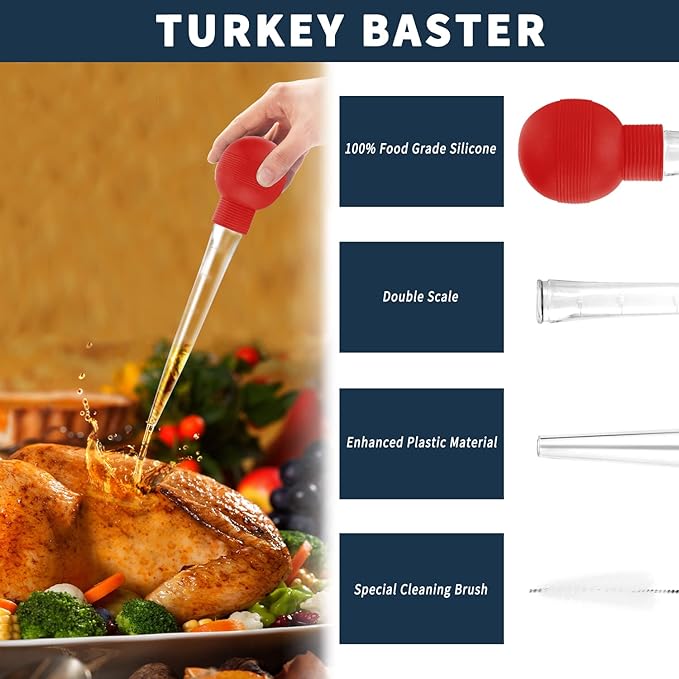 Kendane Turkey Baster With Cleaning Brush, Baster Syringe for Home Baking and Roaster Turkey, Include Detachable Food Grade Bulb with Double Scales for BBQ Grill Baking Kitchen Cooking，RED