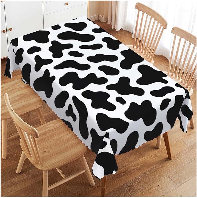 Swono Cow Table Covers 52x70 Inch Farm Cattle Cow Skin Print Black White Spots Wipeable Tablecloth Kitchen Dinning Tabletop Decoration, Table Cloth for Outdoor and Indoor Use