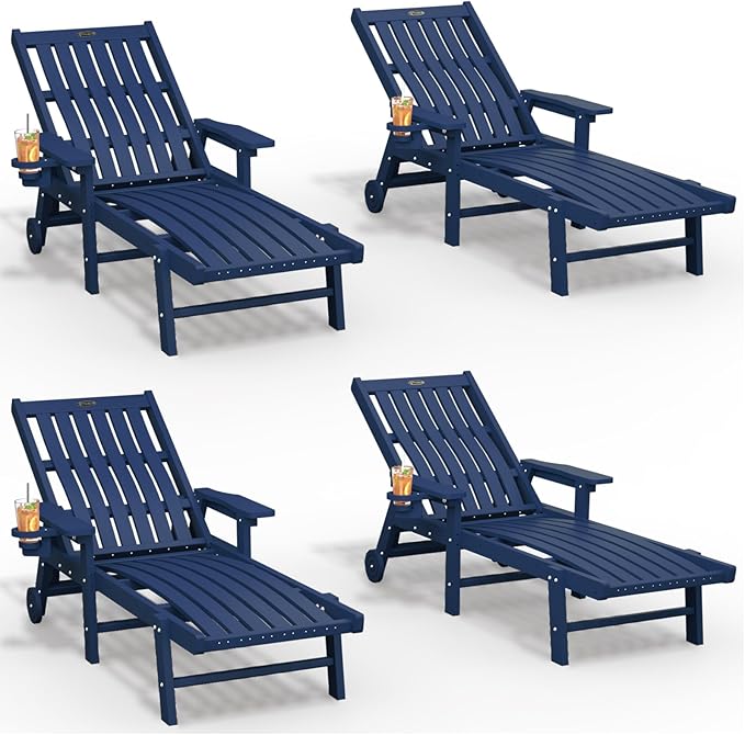THOEOE Patio Chaise Lounge Chair Set of 4, Oversized Lounge Chair Outdoor with 5 Positions, 78″ Long, HDPE, Patio Lounge Chair with Wheels & Cup Holder for Pool, Deck, Poolside,Navy Blue
