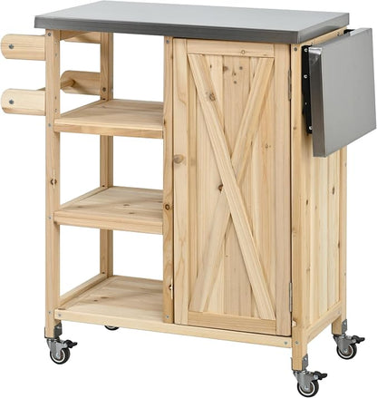 JIVOIT Outdoor Kitchen Island with Foldable Stainless Steel Tabletop, Patio Fir Wood Kitchen Cart Portable Prep Station with Lockable Wheels, Storage Cabinet and Towel Rack (Natural/123)